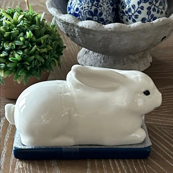 NEW! Blue & White Floral Chinoiserie Ceramic Bunny Rabbit Butter Dish - Picture 5 of 7